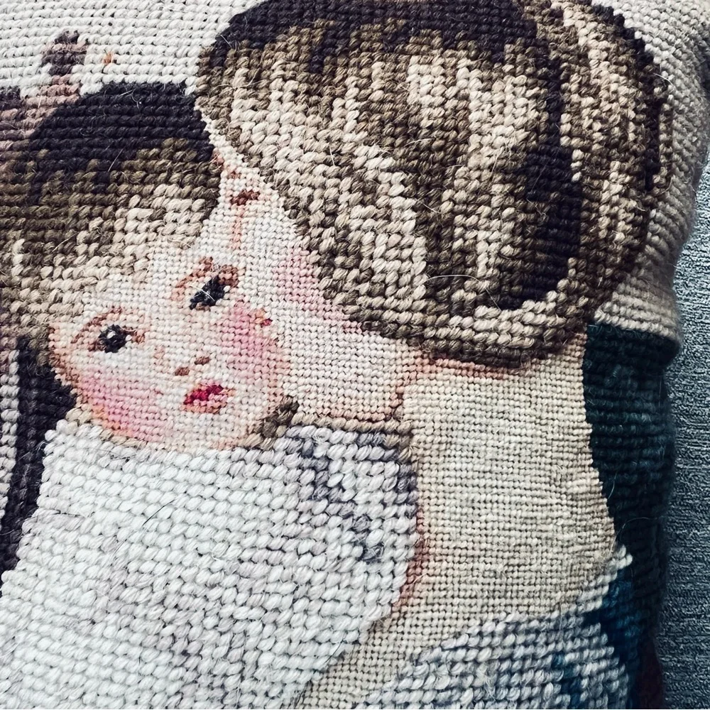 Vtg Wool Needlepoint Petit Point Pillow Mother Child Velvet Lillian Vernon.